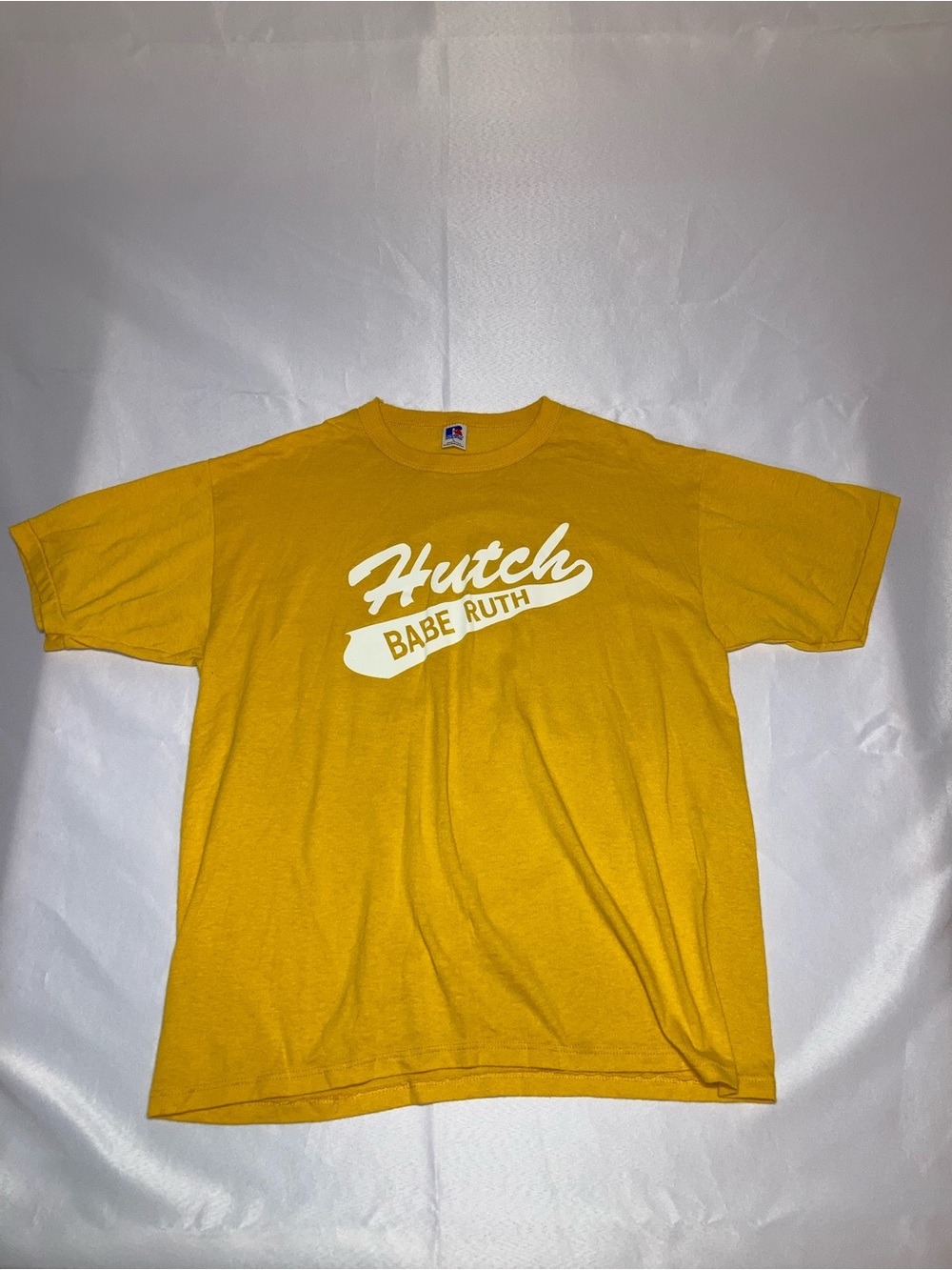 Vintage Russell Athletic Gold Yellow Tee with White 'Hutch Babe Ruth' Graphic